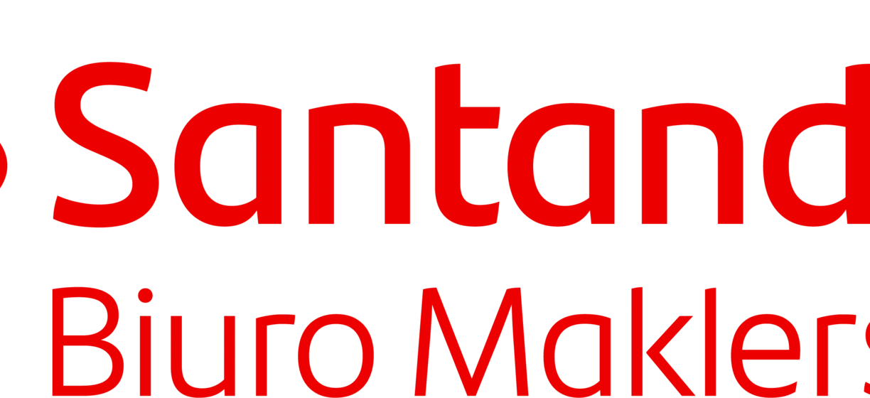 Czerwony znak z napisem "Biuro Maklerskie Santander" w języku polskim. Reprezentujący firmę związaną z Grupą Santander.